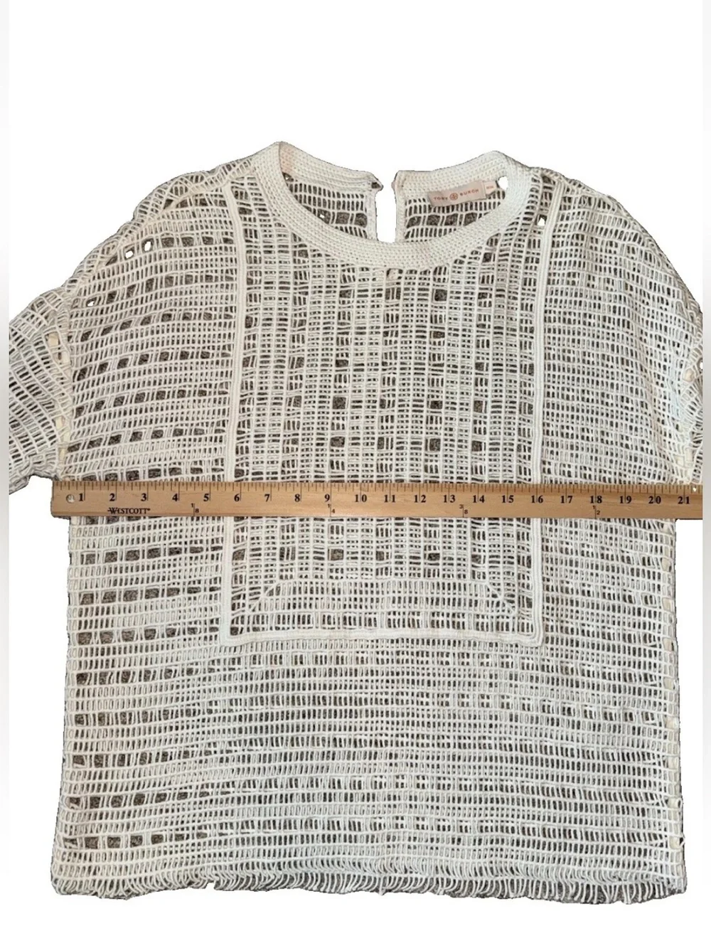 Tory Burch Open Knit Crochet Sweater M Ivory 100% Cotton 3/4 Sleeve Boho Coastal